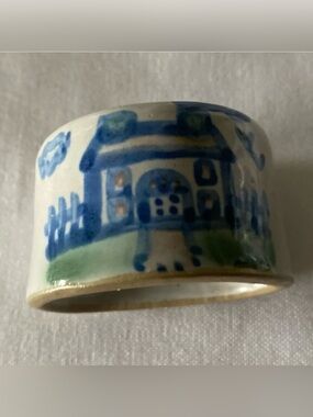M.A. Hadley Pottery Napkin Ring with Country Farm House Motif Signed Vintage EUC